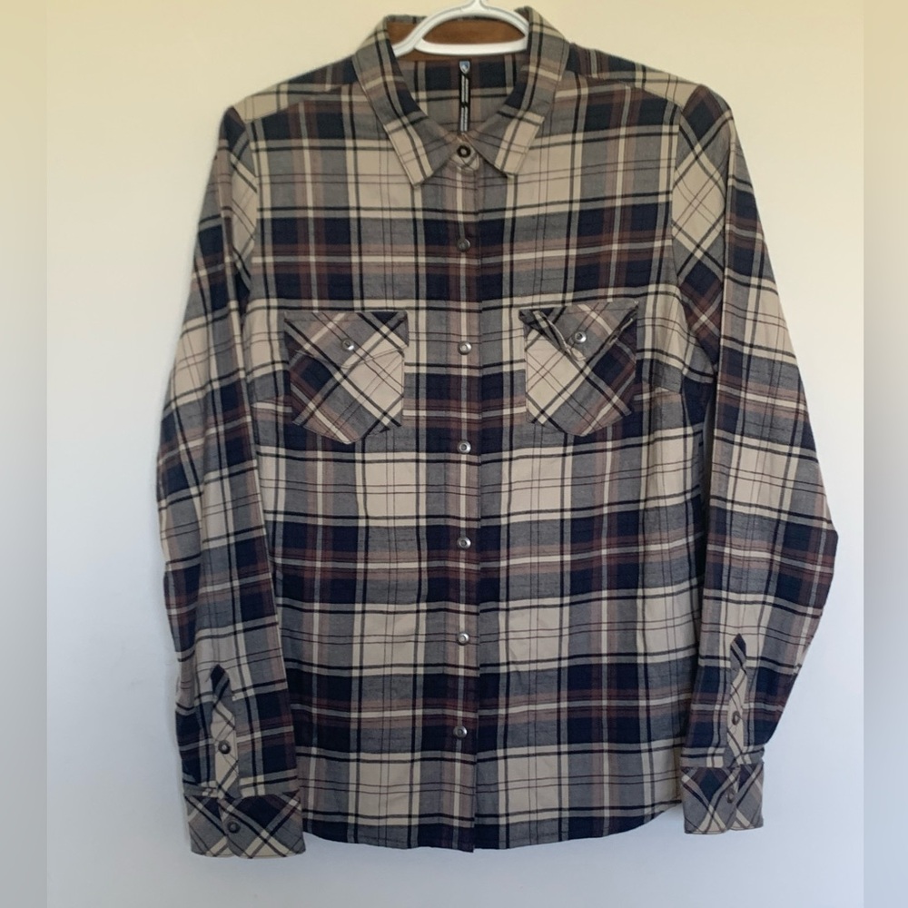Women’s Kuhl Tess Flannel Plaid Size Small Snap Button Up Corduroy Trim